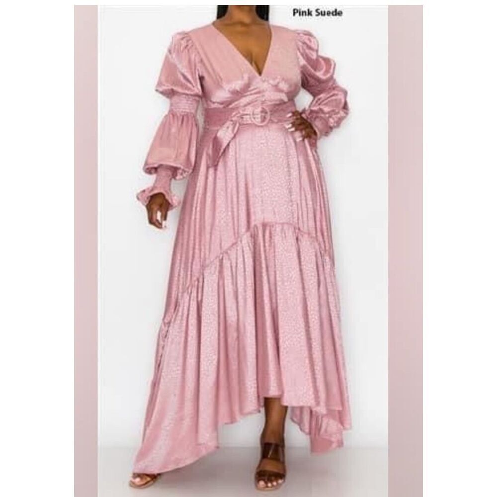 Rosevelvet NWT pink suede Victorian animal print hi low hem smocking on sleeve w